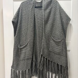 Gray Chunky Knit Fringe Cardigan | Boho Oversized Cozy Sweater Vest w/ Pockets